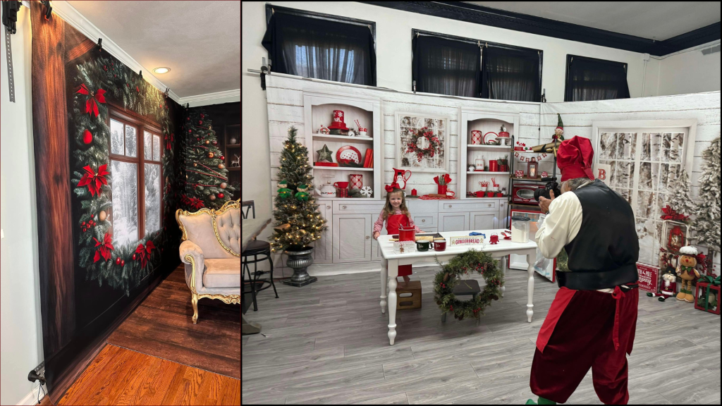 Two Holiday room setups with one for santa